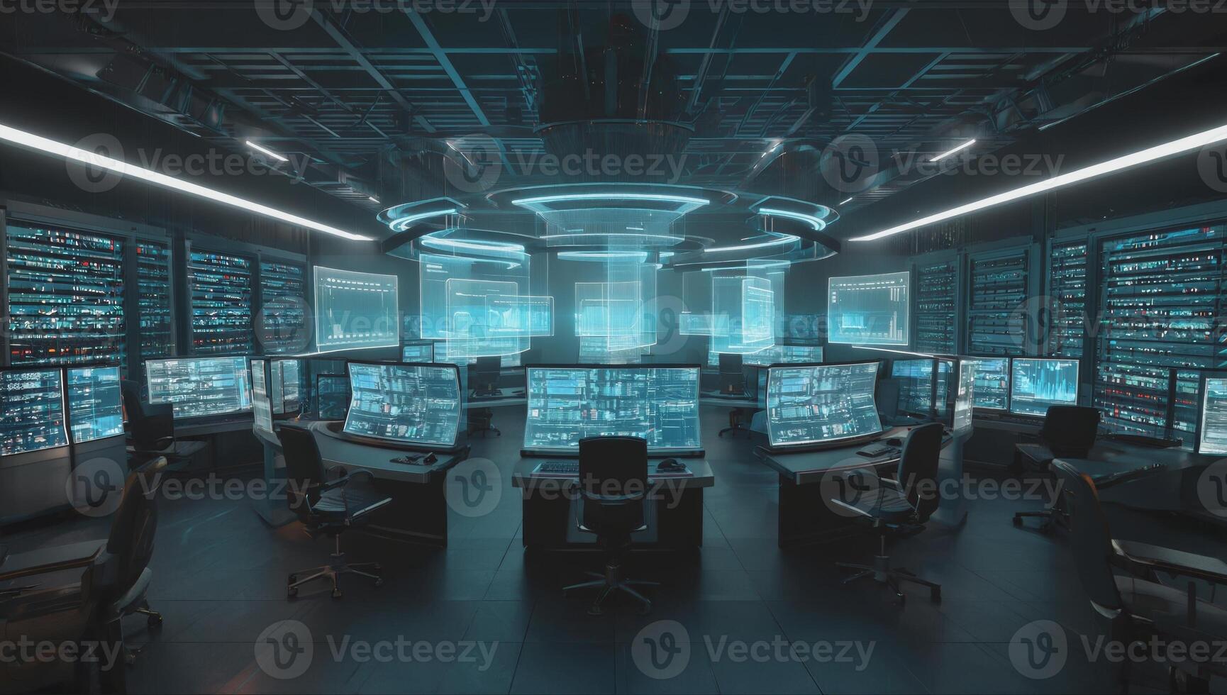 Futuristic control room filled with multiple screens and advanced technology at night photo