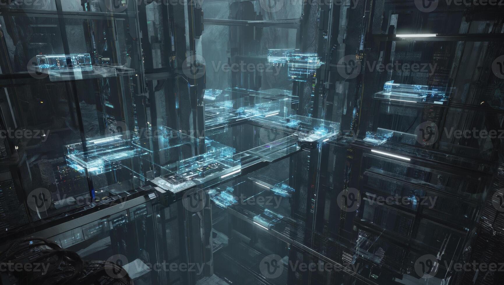 Futuristic digital environment showcasing elevated platforms and transparent structures in a high-tech setting photo