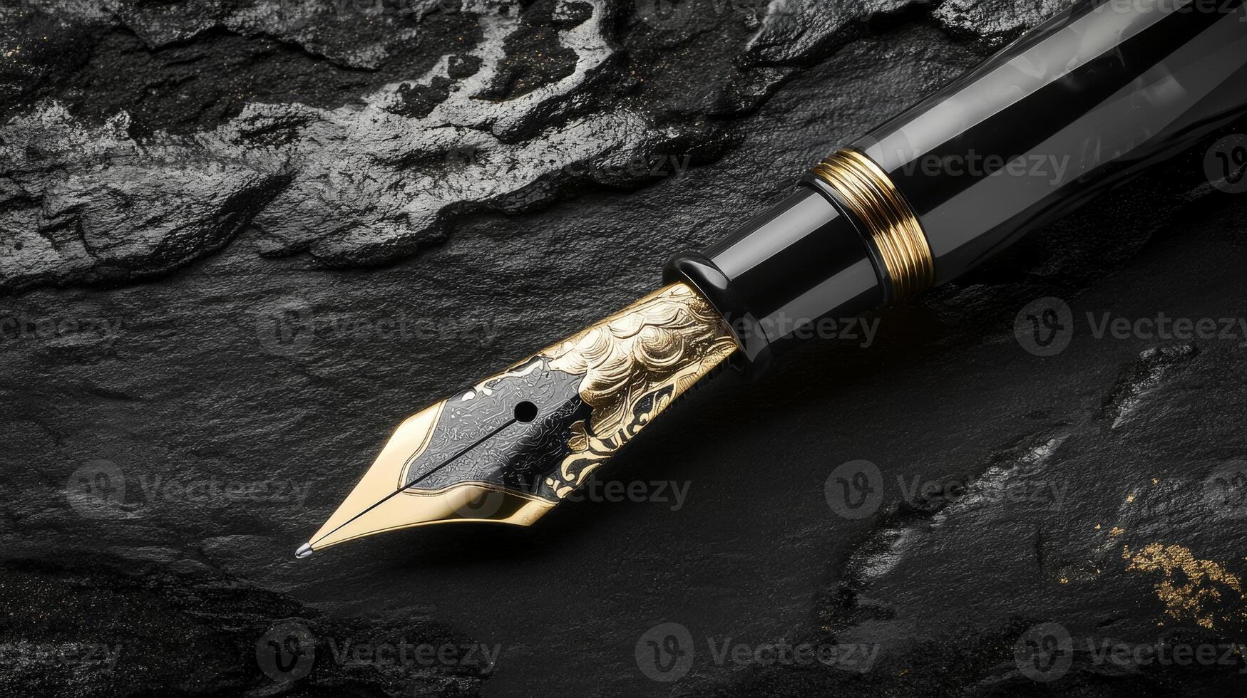 Luxurious black and gold fountain pen nib showcasing exquisite craftsmanship on a textured dark background photo