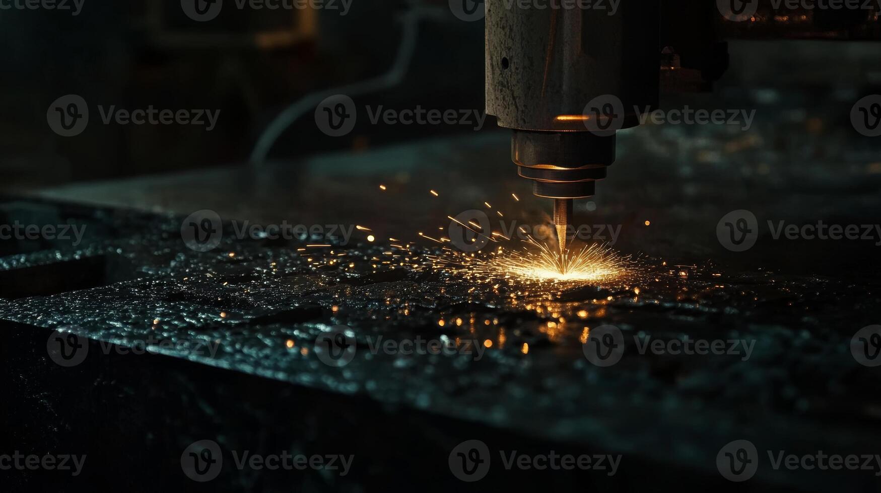 Close-up view of metal laser cutting machine creating sparks in an industrial setting at night photo