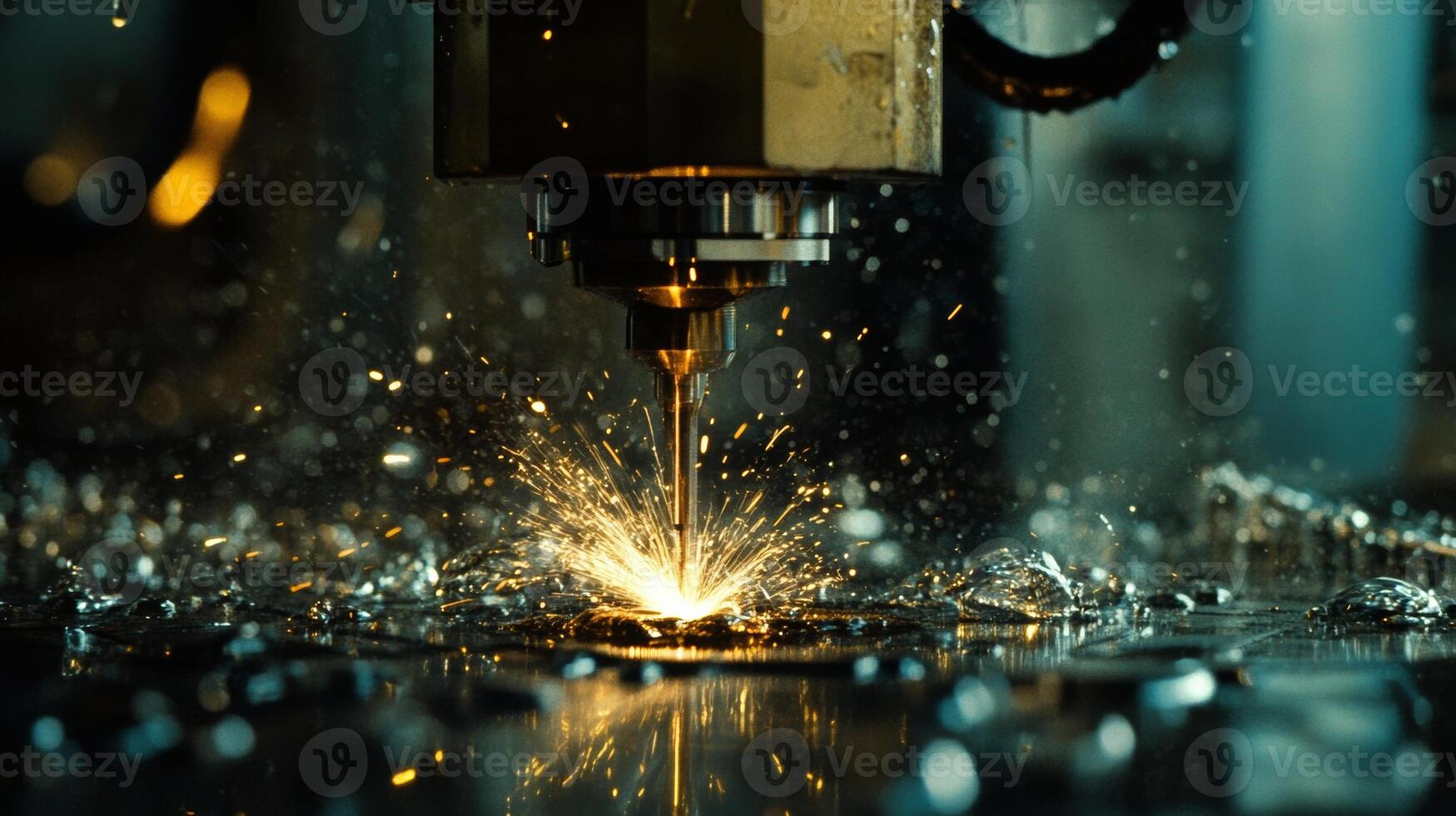Close-up of metal laser cutting machine generating sparks in a dark workshop environment photo