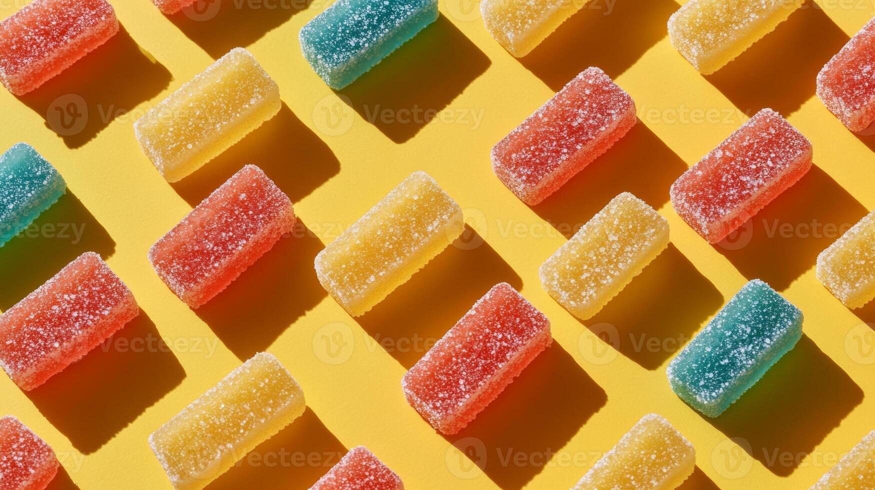 Colorful gummy candies arranged on vibrant yellow background create a playful and bright confectionery display photo