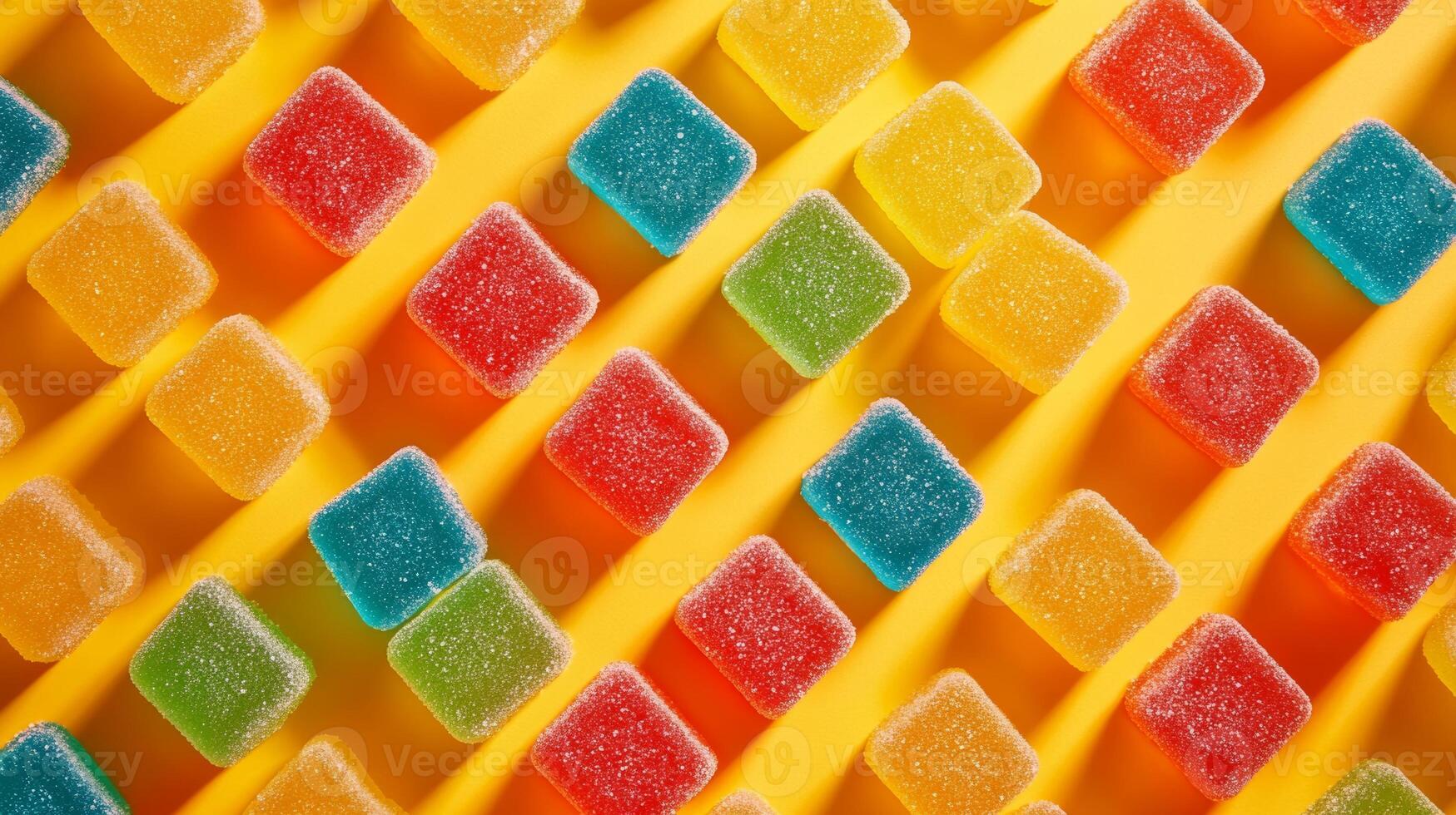 Colorful gummy candies arranged on vibrant yellow background create a playful confectionery pattern photo