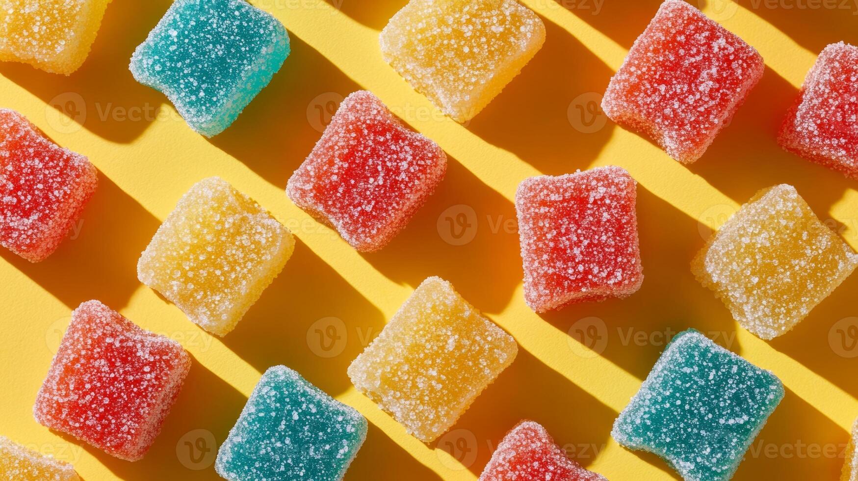 Colorful gummy candies arranged on vibrant yellow background create playful confectionery pattern with soft shadows photo