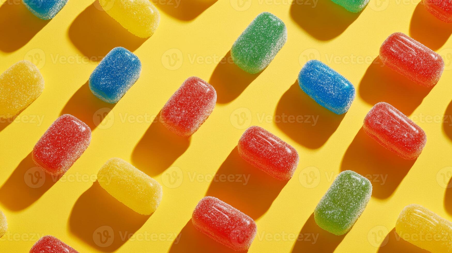 Colorful gummy candies arranged diagonally on bright yellow background casting soft shadows photo
