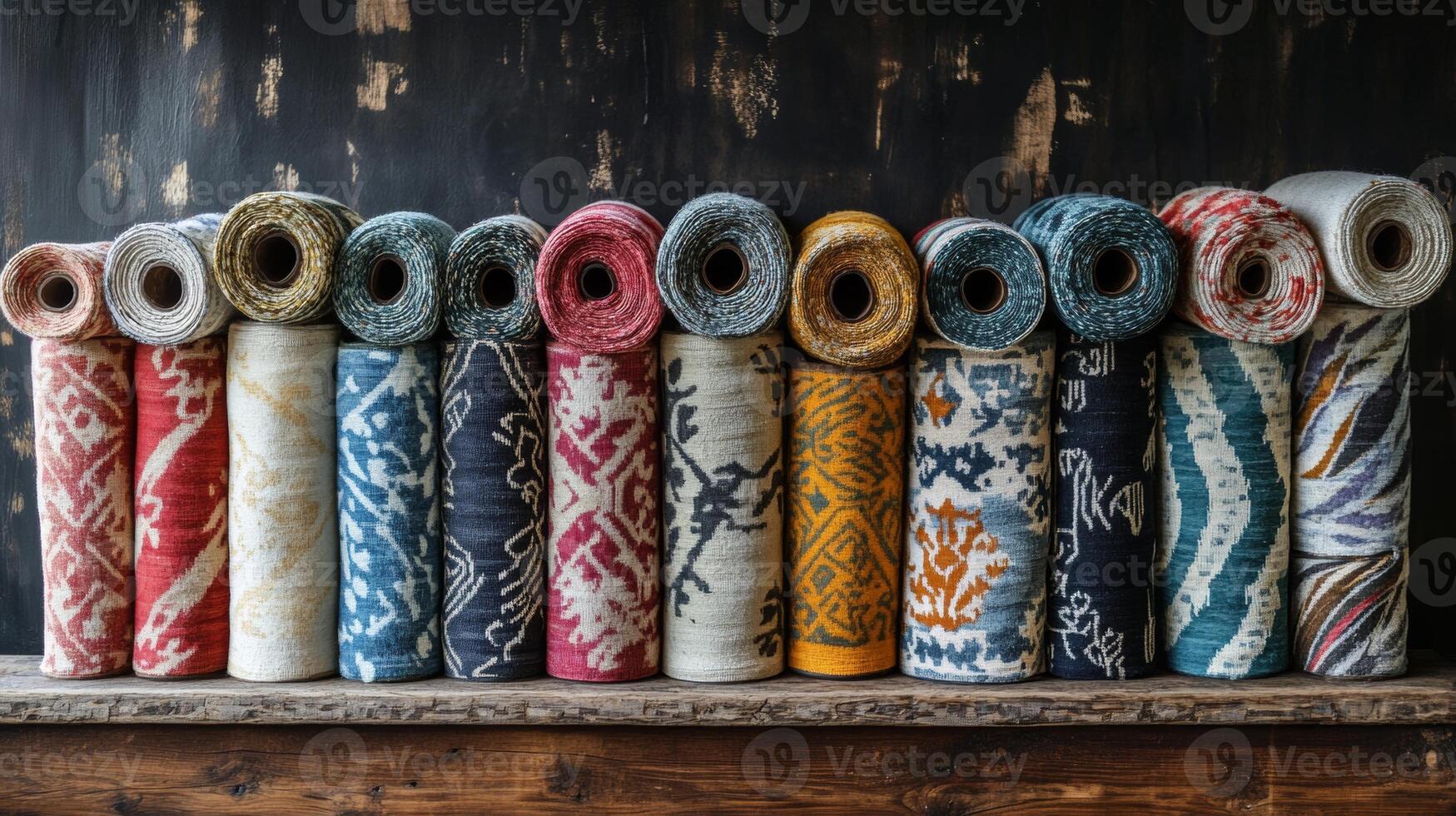 Vivid handmade fabric rolls arranged neatly in a textile workshop showcasing vibrant colors and intricate patterns photo