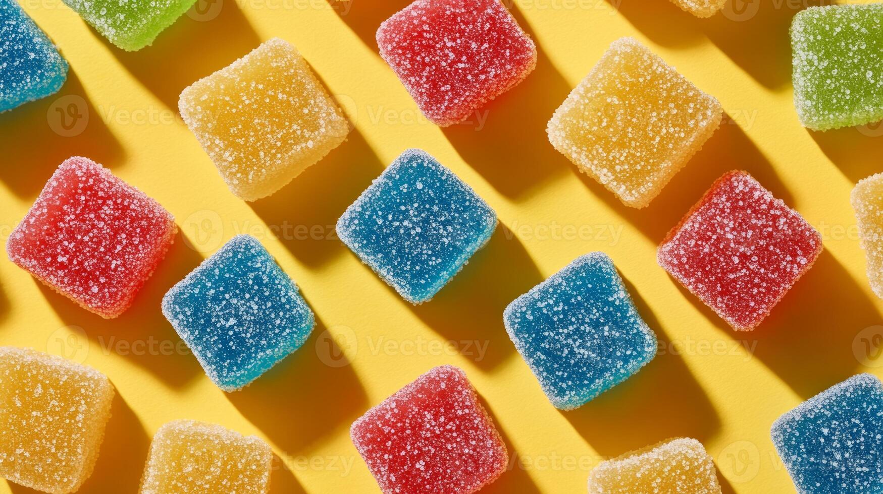 Colorful gummy candies with sugar coating create playful pattern against vibrant yellow background photo