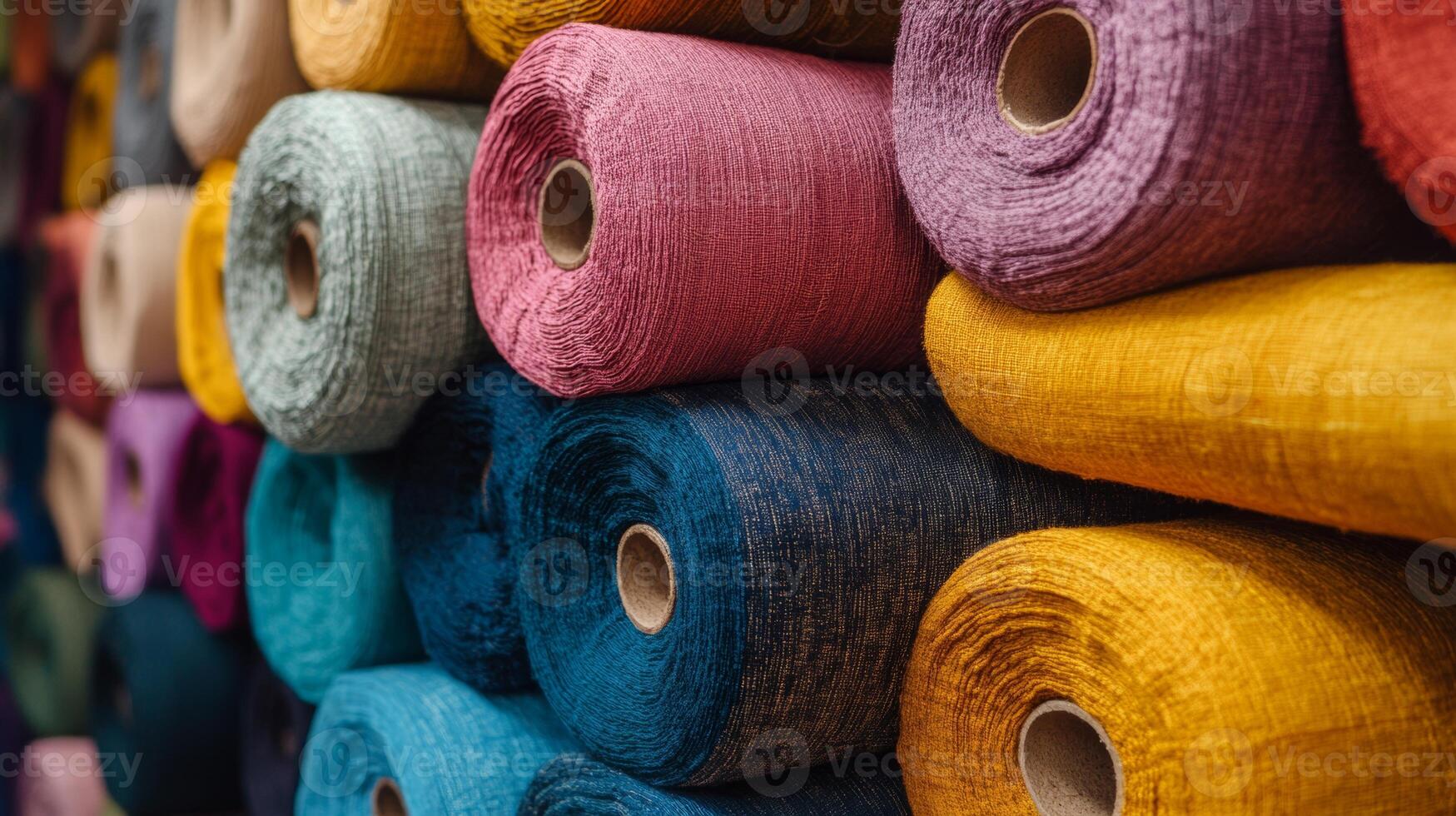 Colorful handmade fabric rolls stacked neatly in a textile workshop showcasing various textures and hues photo