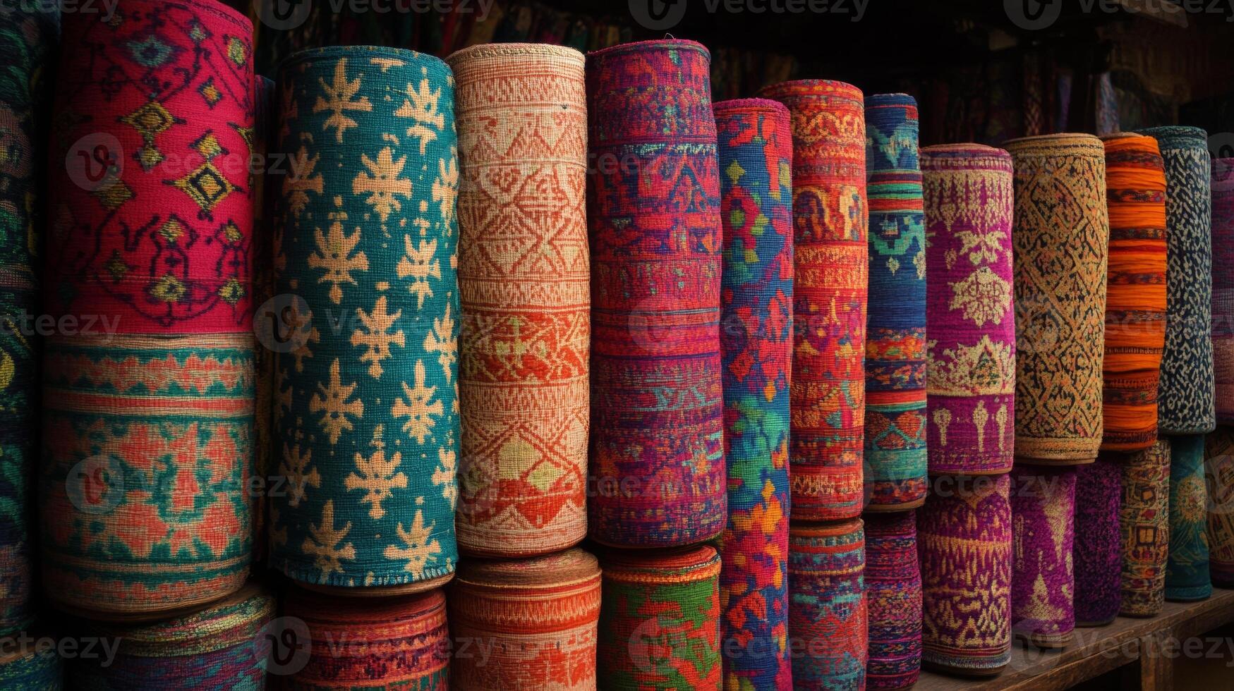 Colorful handmade fabric rolls arranged neatly in a textile workshop showcasing vibrant patterns and textures photo
