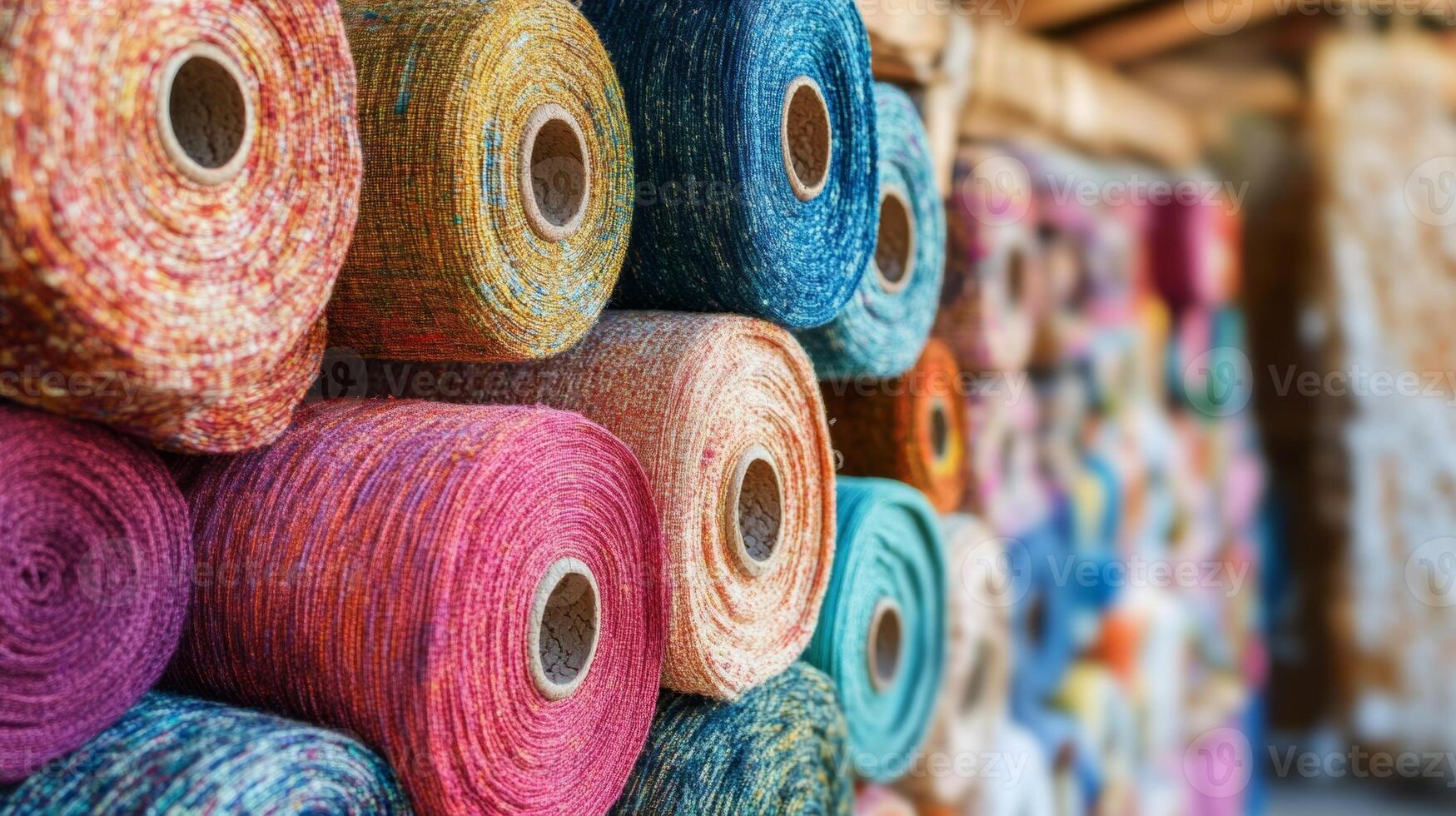 Colorful handmade fabric rolls arranged in a textile workshop showcasing craftsmanship and vibrant hues photo