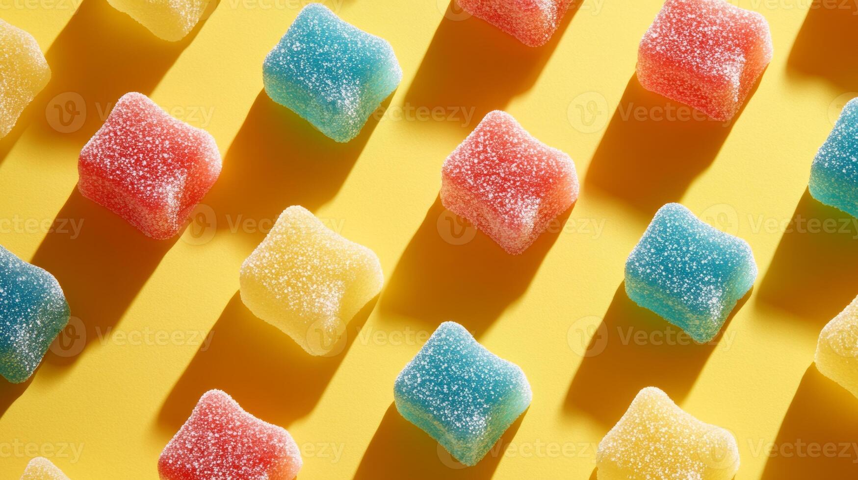 Colorful gummy candies create a playful pattern against a bright yellow background with vibrant shadows photo