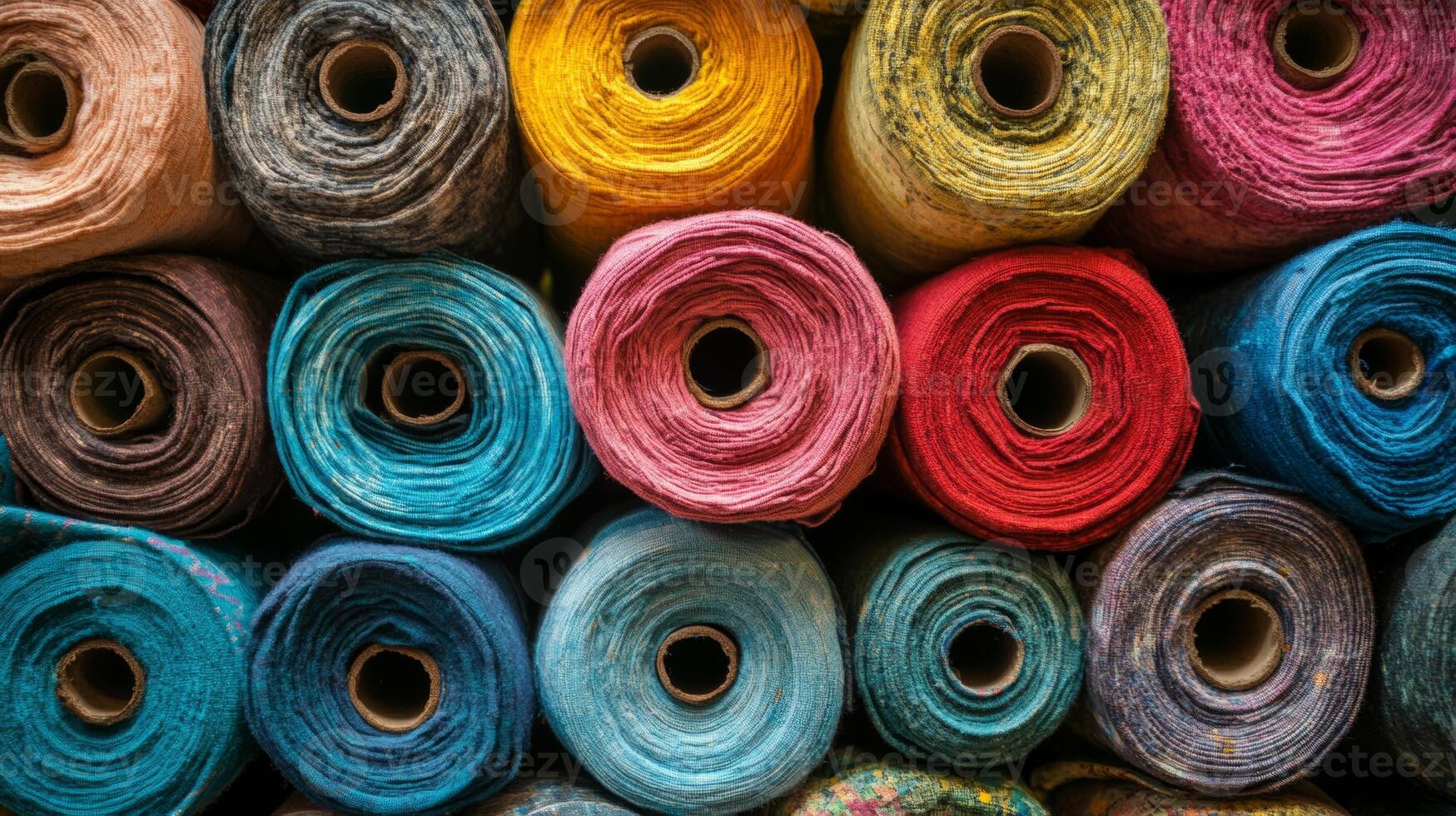 Colorful handmade fabric rolls neatly arranged in a textile workshop showcasing vibrant textiles photo