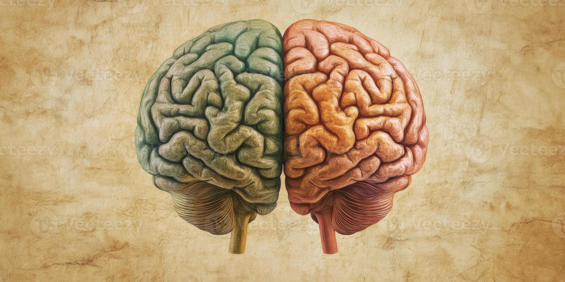 Colorful human brain illustration split into creative and analytical thinking on textured background photo