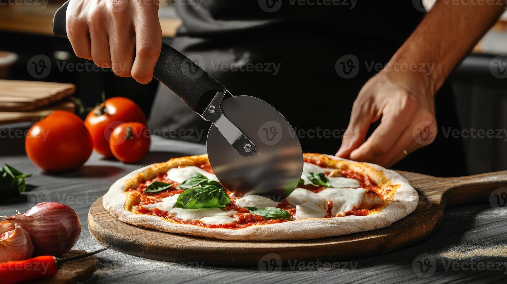 Preparing a fresh margherita pizza with basil and tomatoes in a rustic kitchen setting photo