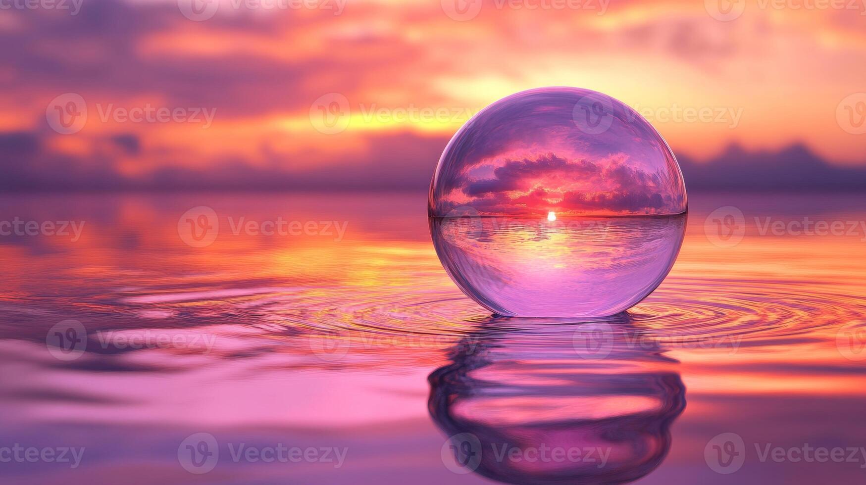 Colorful sunset reflection captured in a crystal sphere on tranquil water photo
