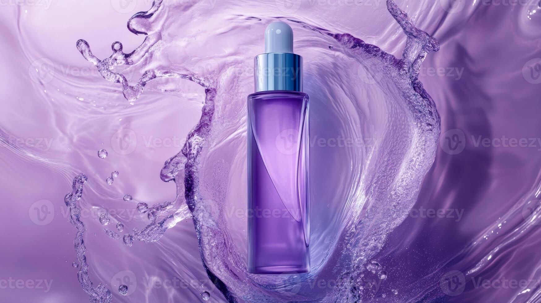 Elegant purple serum bottle surrounded by splashes of water with a smooth and modern design highlighting its beauty and effectiveness photo