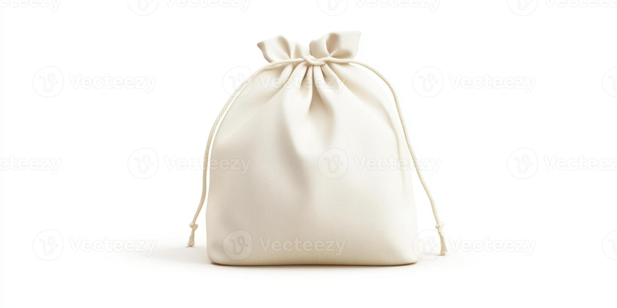 Simple white fabric pouch with drawstring for storage or gift-giving sits on a clean surface photo