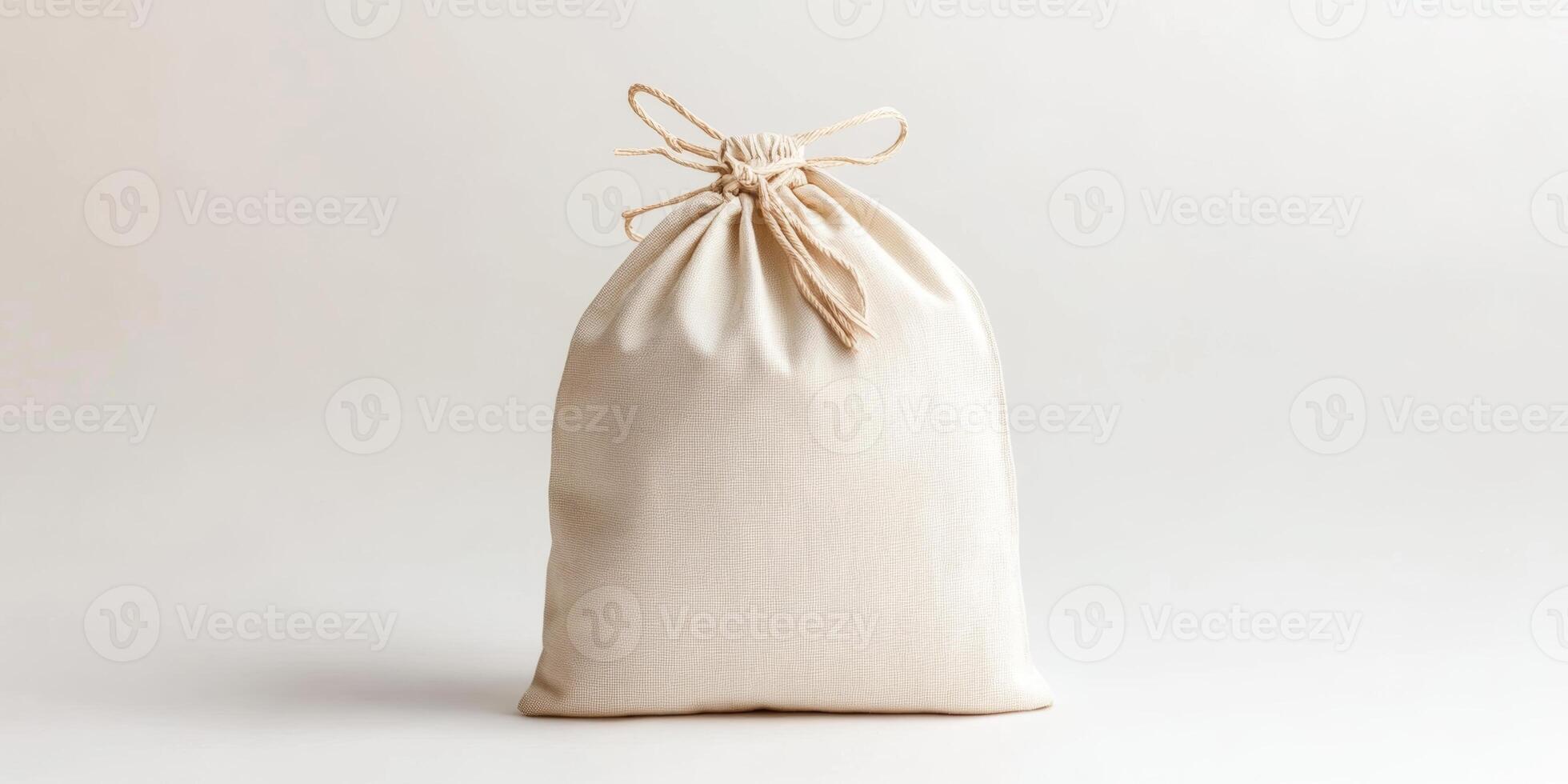 Decorative linen bag with drawstring closure placed on a light background photo