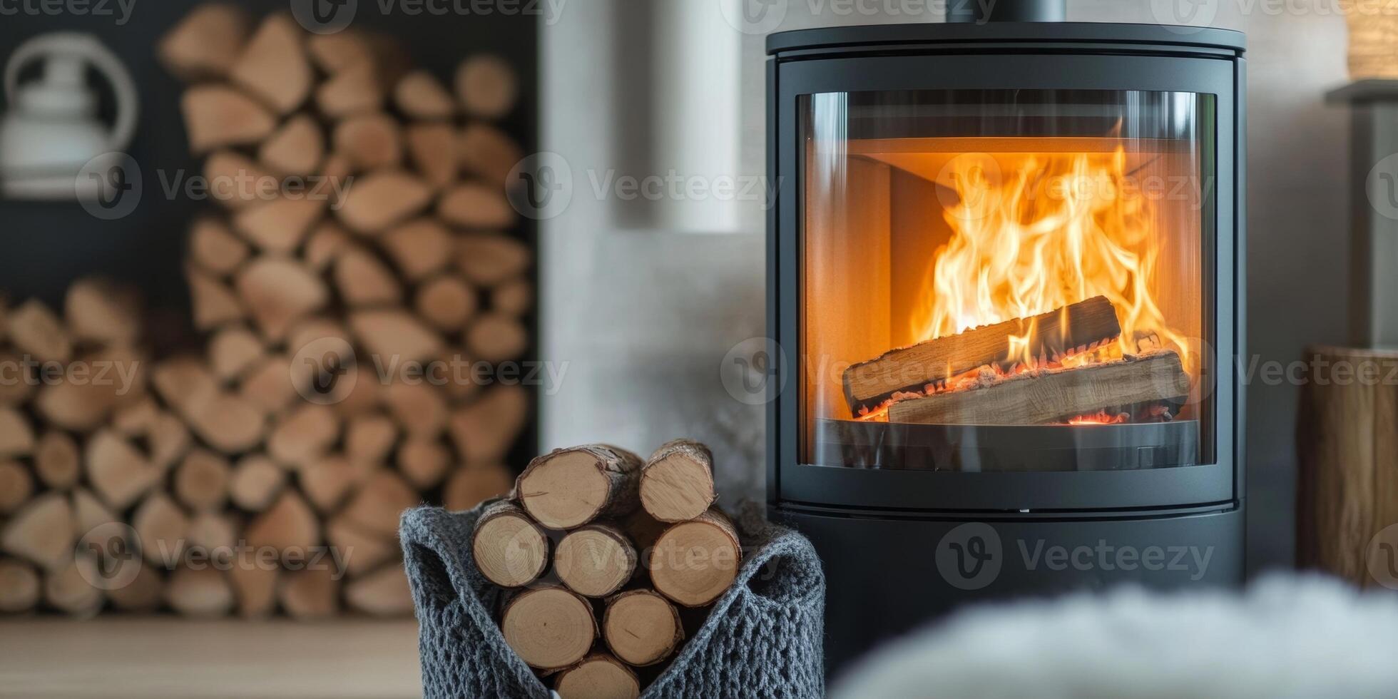 Cozy indoor fireplace with burning logs and stacked wood during winter evening photo