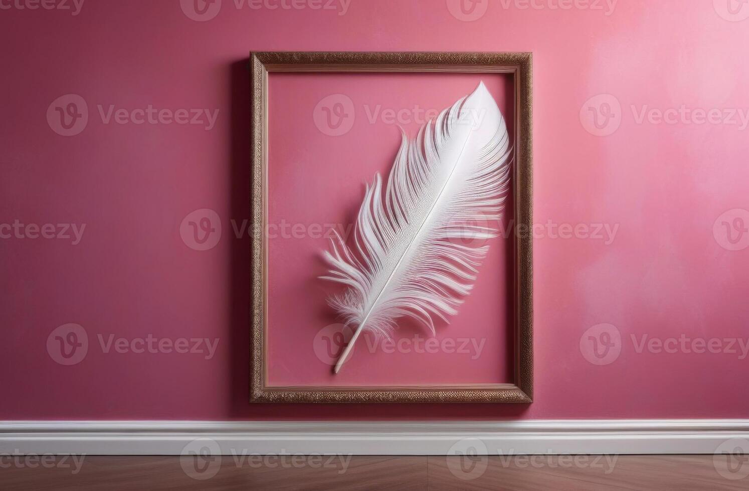 Peacock feather in a frame on a pink wall photo