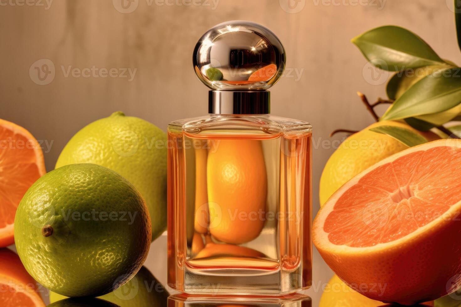 perfume bottle on citrus background. photo