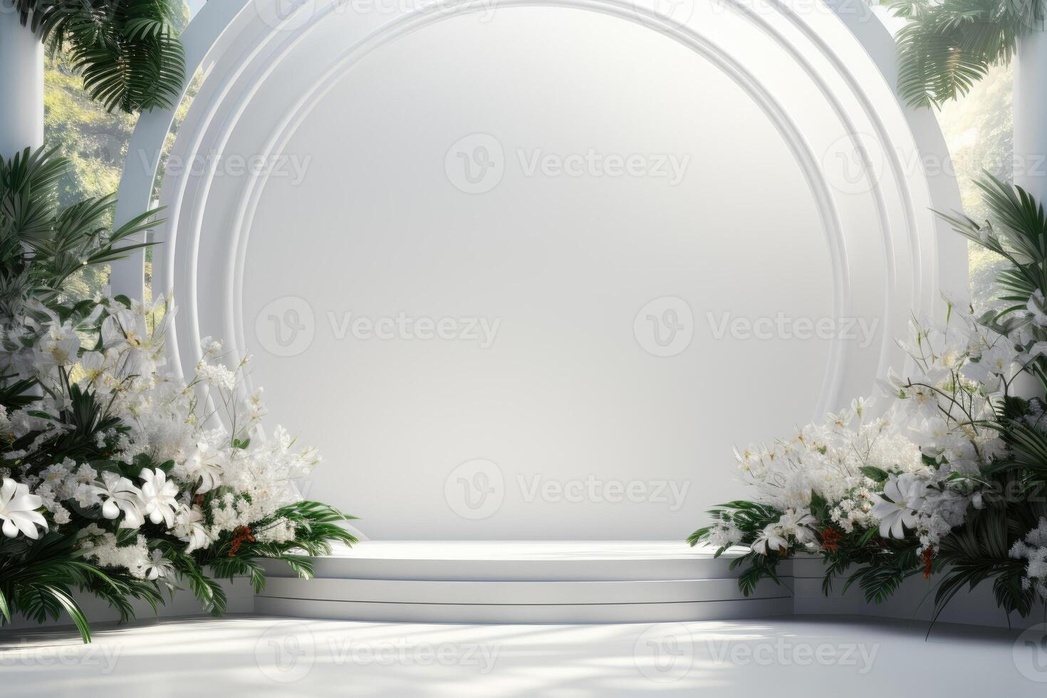 Abstract white studio background for product presentation. Empty room with shadows from windows and flowers and palm leaves. 3D room with copy space. photo