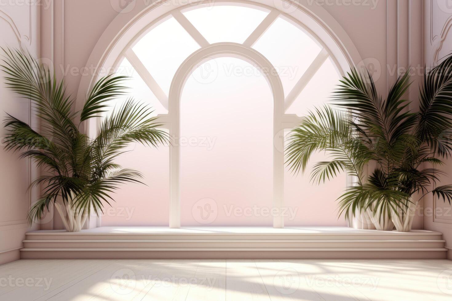Abstract white studio background for product presentation. Empty room with shadows from windows and flowers and palm leaves. 3D room with copy space. photo