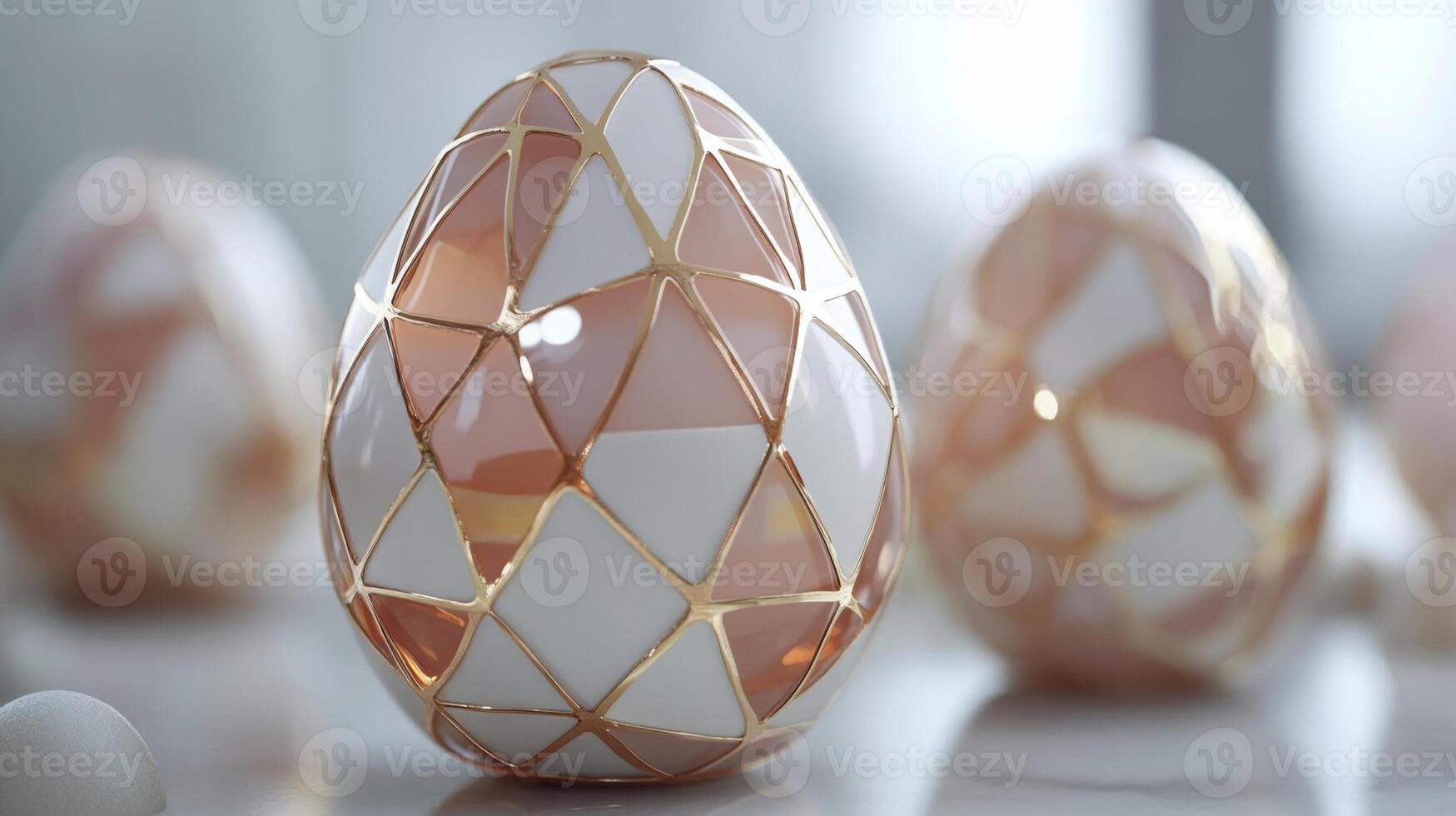 Elegant pastel Easter eggs adorned with intricate gold geometric patterns on a soft white background for seasonal decoration photo