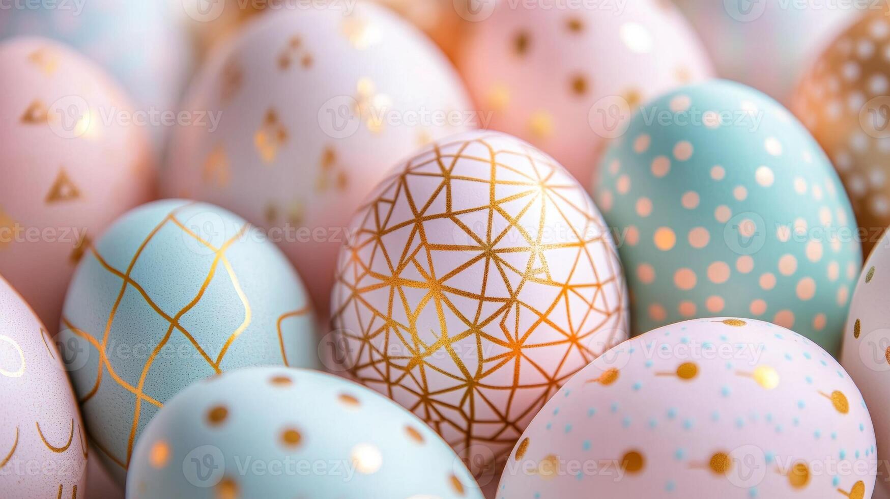 Pastel-colored Easter eggs with gold geometric patterns arranged on a soft white background for a festive spring celebration photo