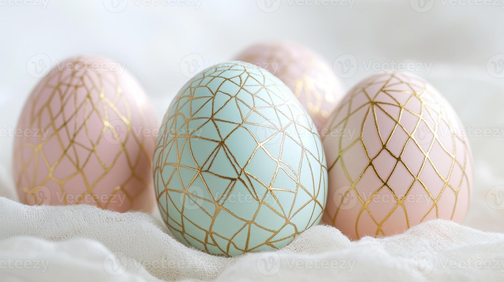 Colorful pastel Easter eggs with gold geometric patterns arranged on a soft white background for spring celebrations photo