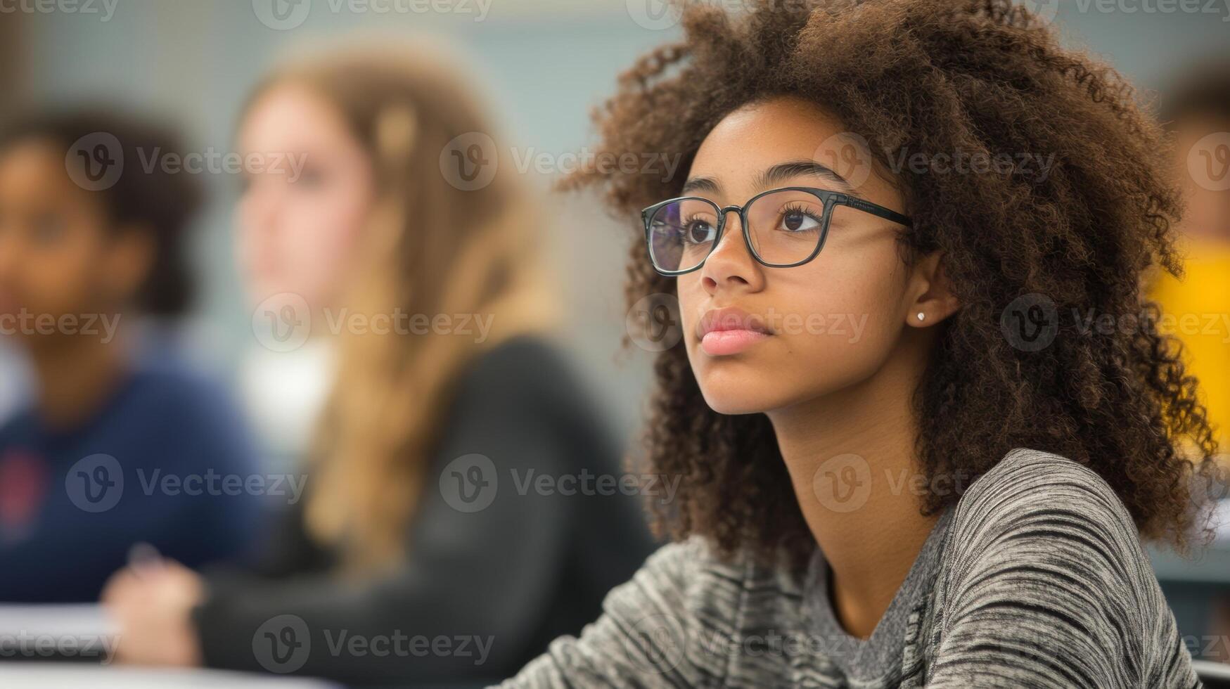 Student engaged in learning during a classroom session in a modern educational environment photo