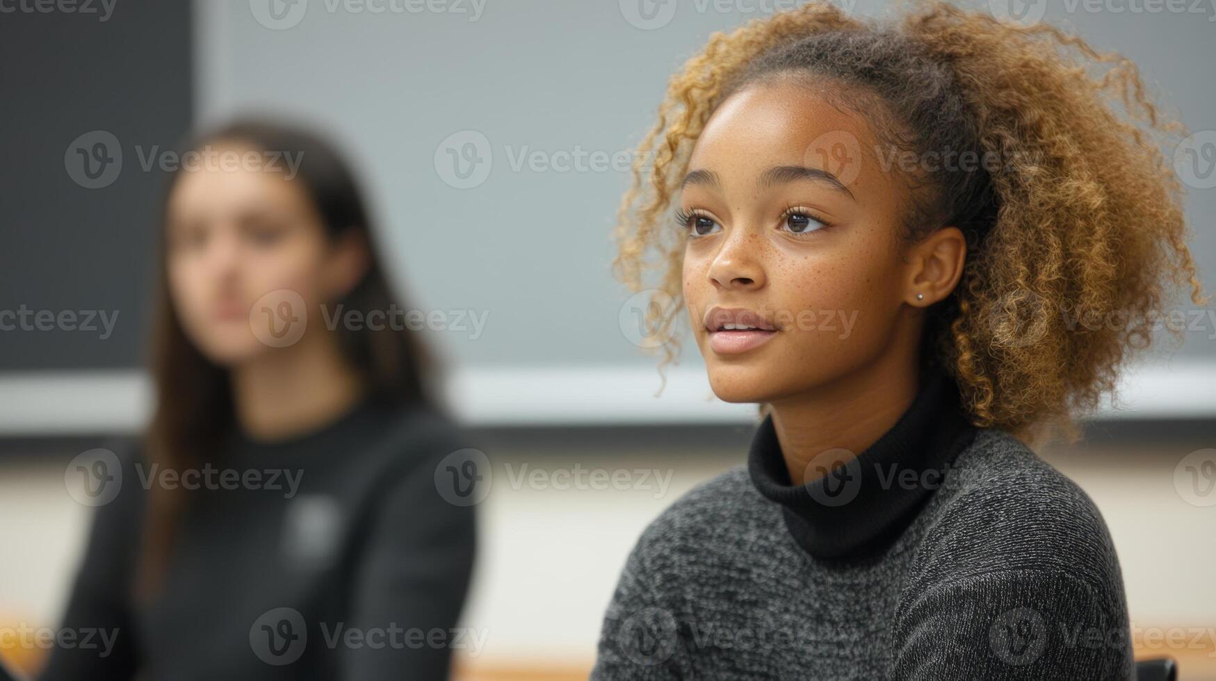 Young woman engaged in classroom discussion while another student listens attentively in a bright academic environment photo