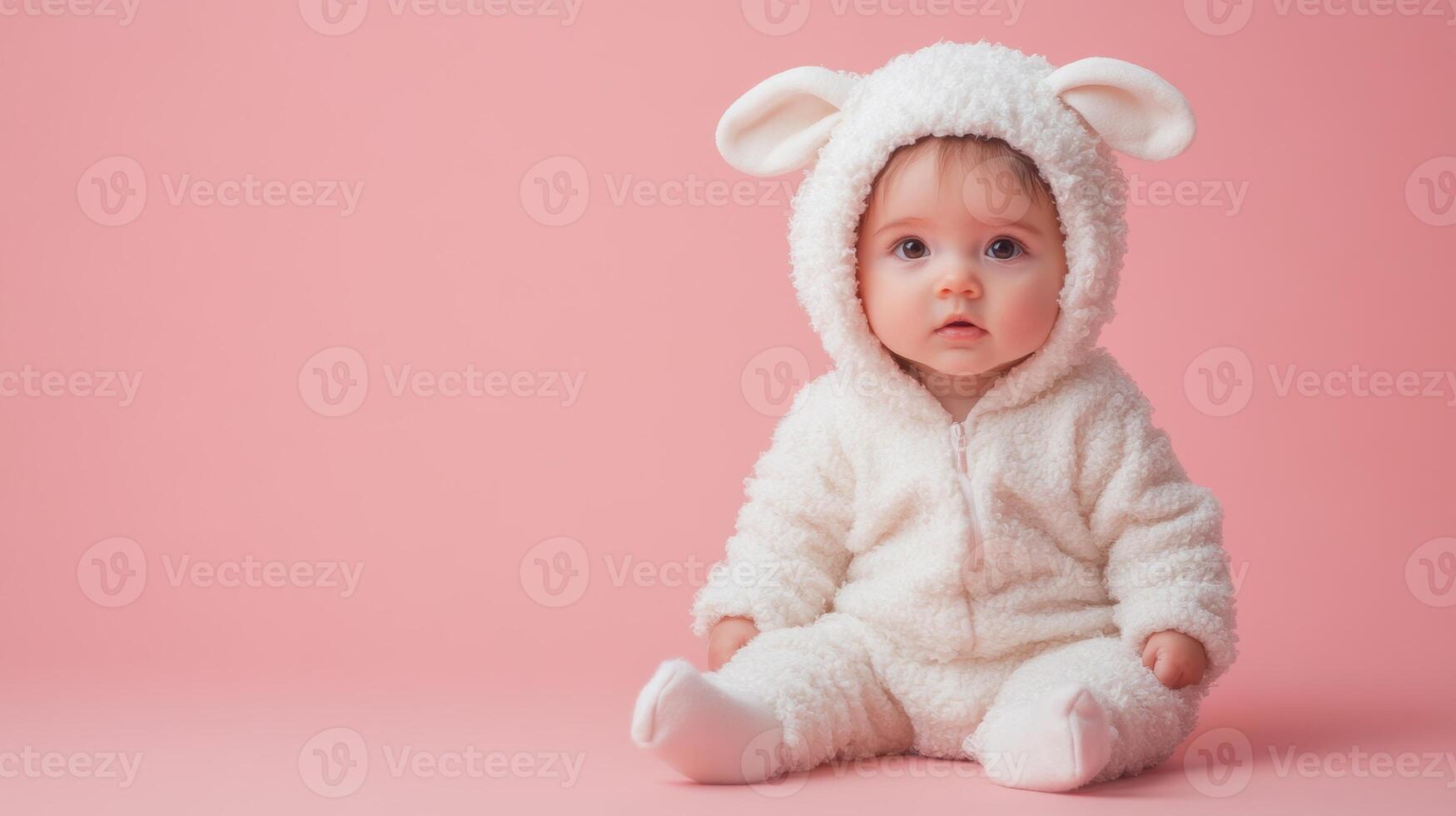Cute baby in fluffy white bunny costume poses against a soft pink background, creating an adorable and playful atmosphere photo