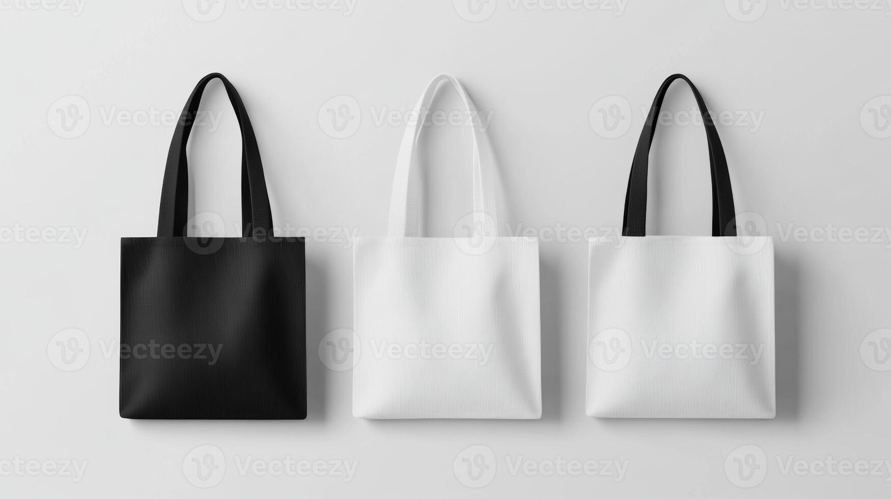 Stylish tote bags in black, white, and white with texture displayed against a neutral background photo