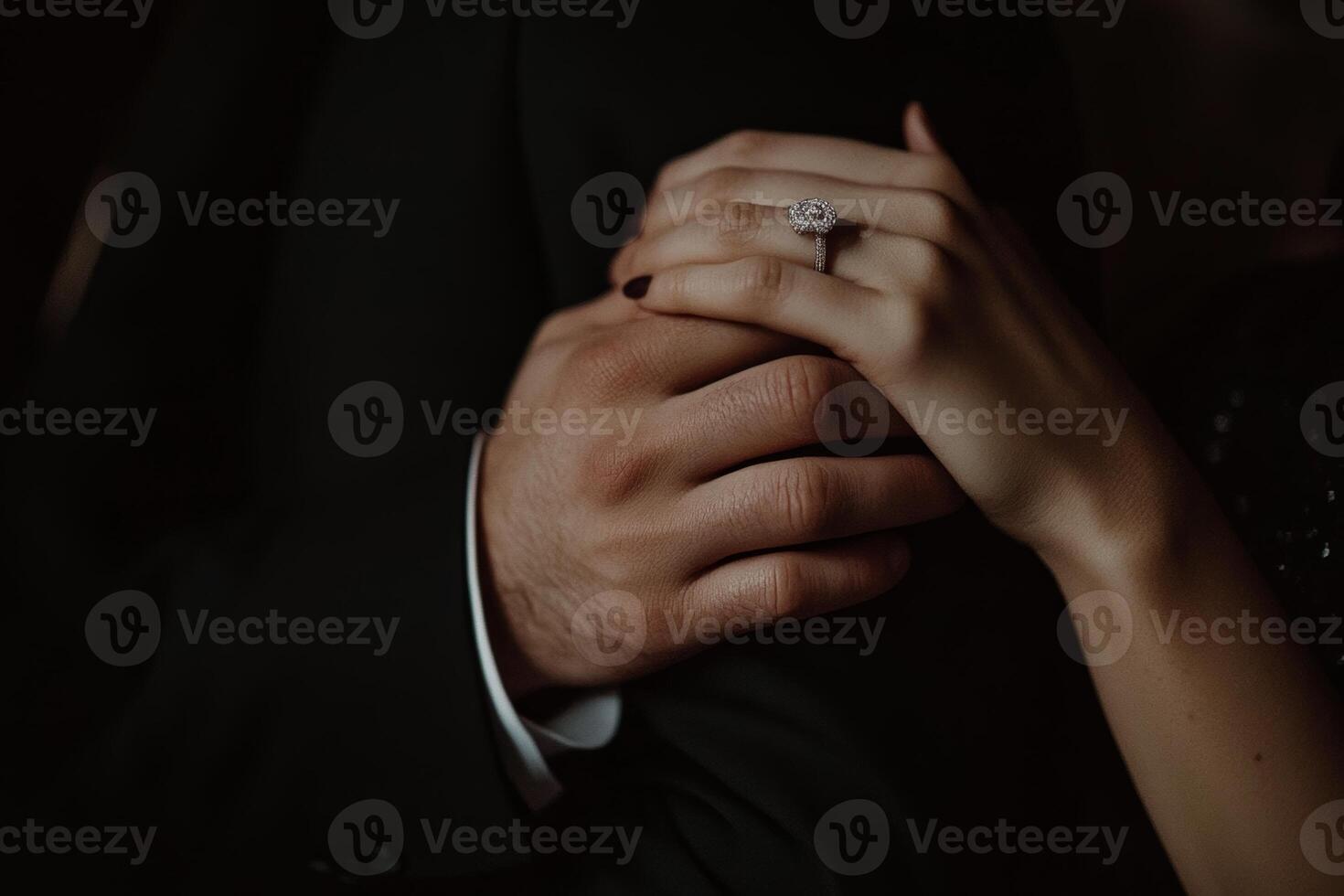Couple's hands intertwine showcasing a beautiful engagement ring in a romantic setting during an intimate moment photo