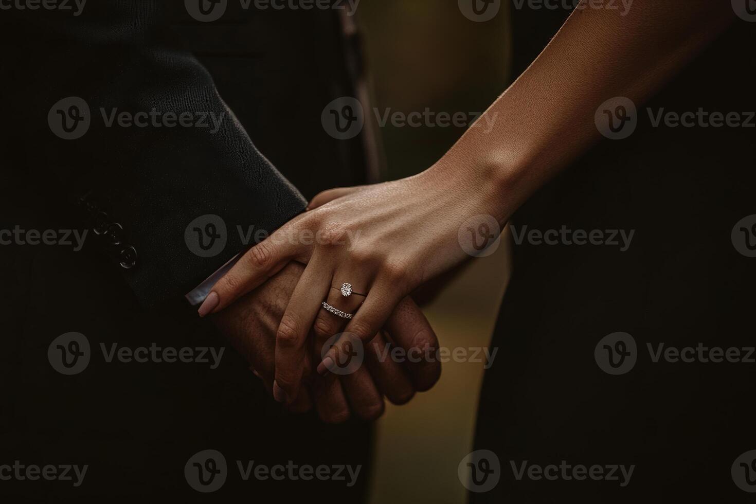 Couple holding hands with an engagement ring in a romantic outdoor setting during golden hour photo