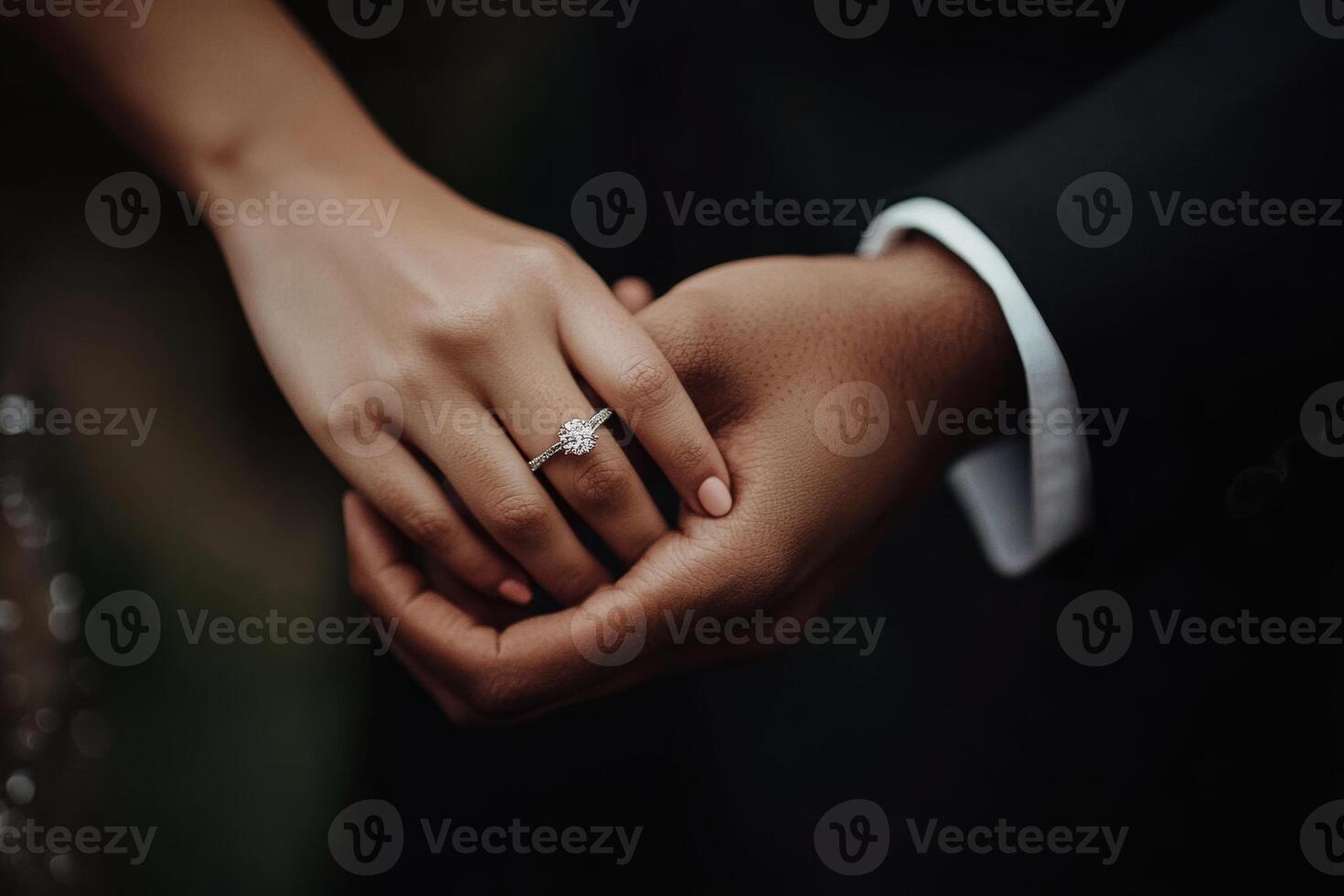 Couple holding hands with engagement ring during intimate moment in soft natural light photo