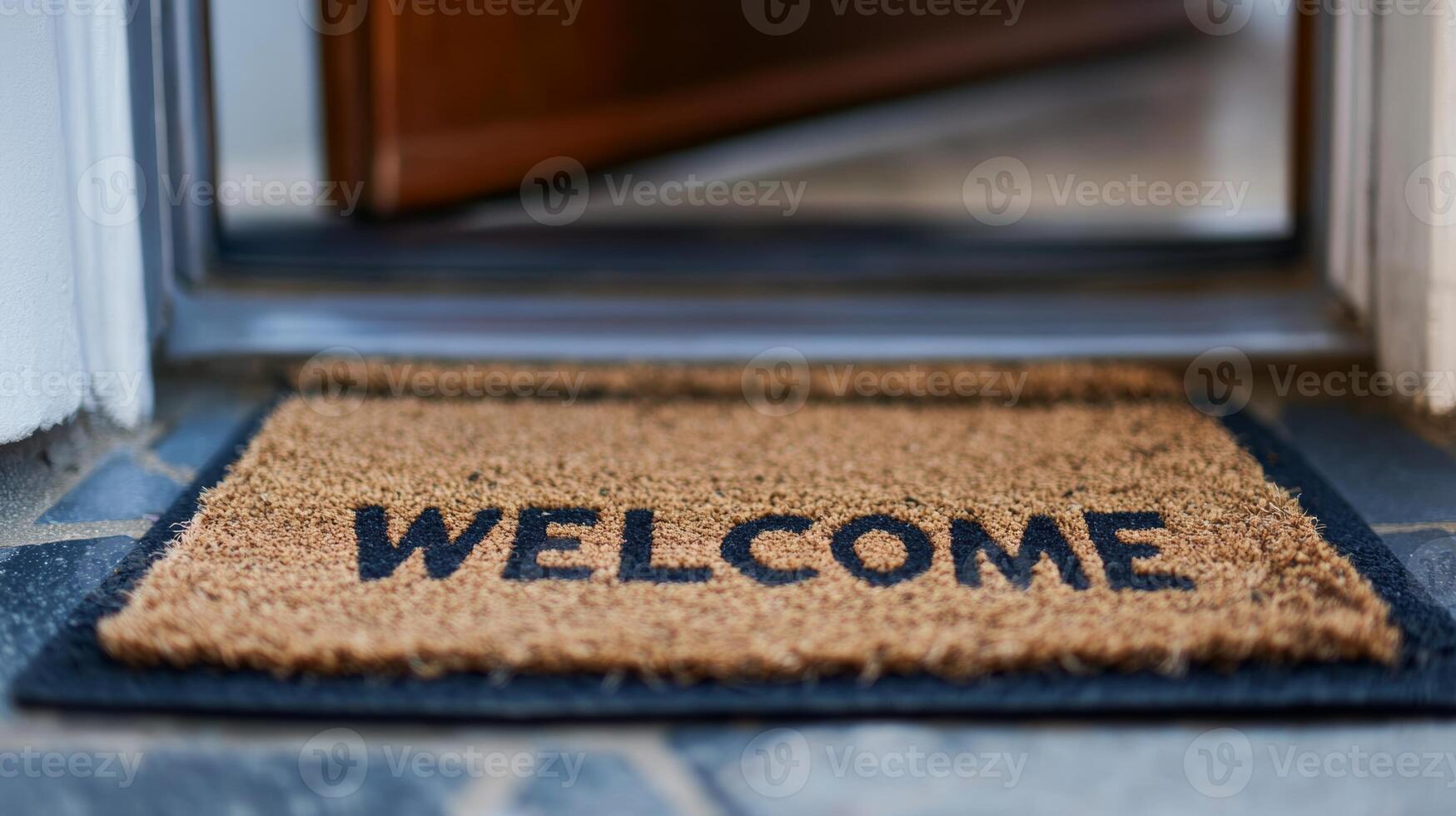 Welcome mat placed at the entrance of a home, inviting guests with a friendly message and a warm atmosphere photo