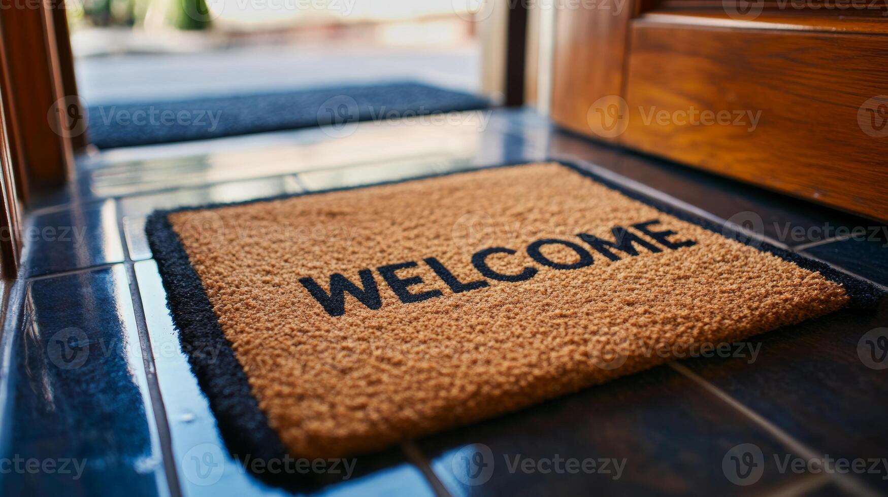 Cozy entrance with a welcome mat inviting guests into a home on a sunny day photo