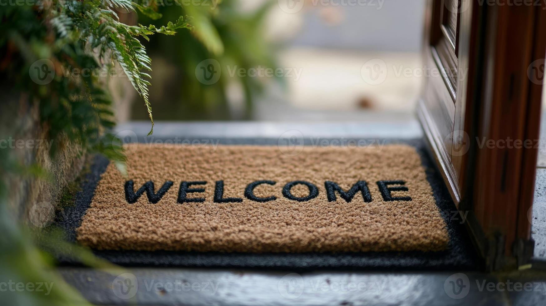 Welcome mat placed at an entrance surrounded by greenery, inviting guests on a pleasant day photo