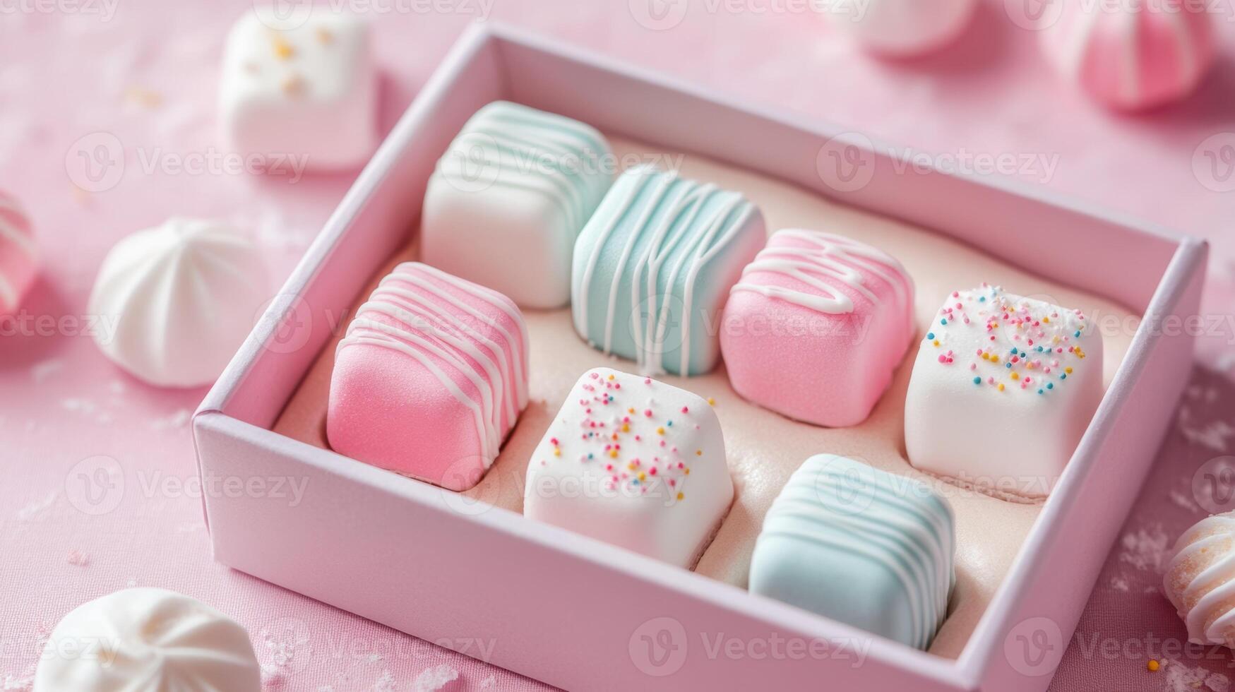 Colorful pastel sweets arranged neatly in a box on a light pink backdrop, showcasing delightful confectionery treats photo