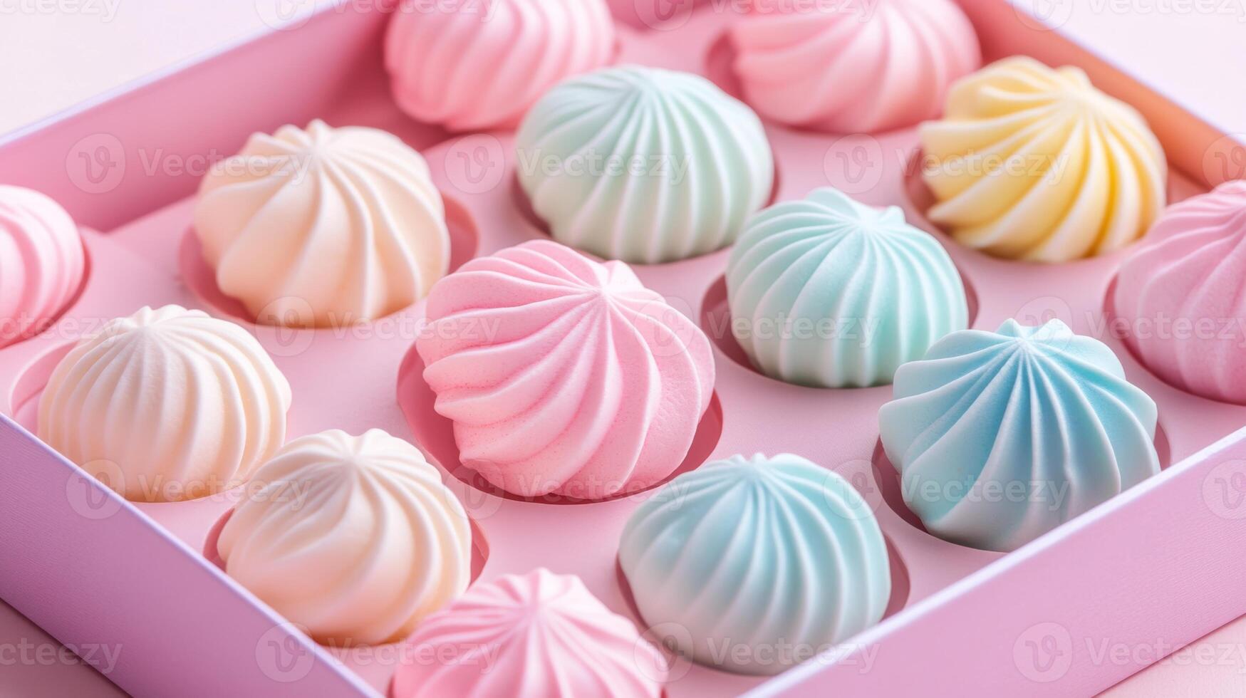 Colorful meringue cookies arranged neatly in a pink box for a festive occasion or celebration photo