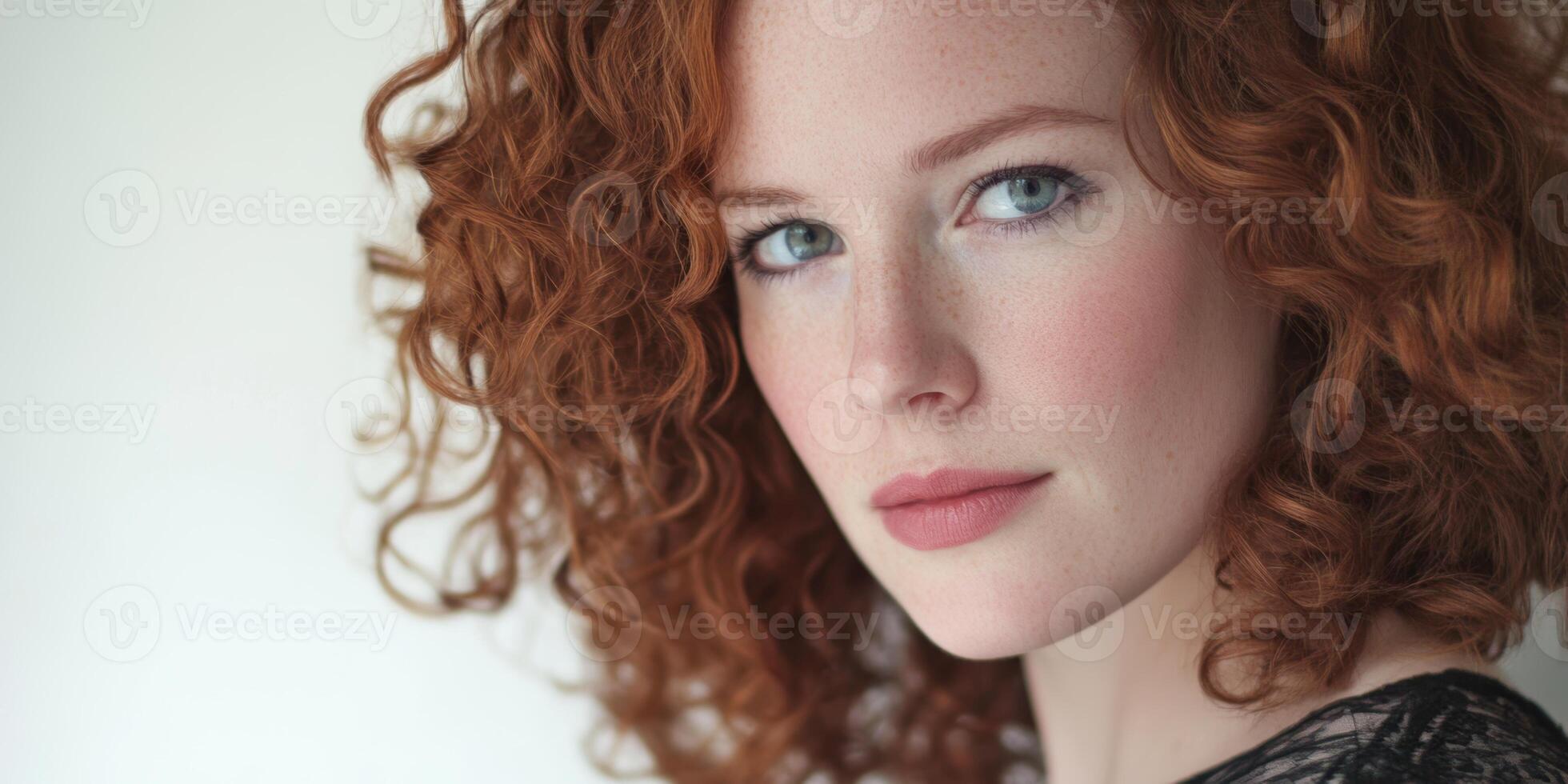 Young woman with vibrant red curls poses gracefully for a close-up portrait in a bright indoor setting photo