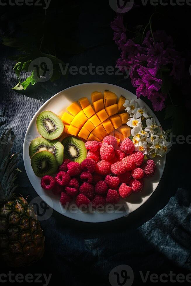 Fresh fruit platter with vibrant colors featuring kiwi, mango, raspberries, and flowers arranged on a dark background photo