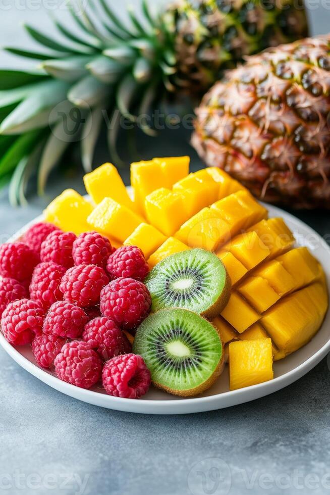 Fresh tropical fruit platter with pineapple, mango, kiwi, and raspberries ready for a summer gathering photo