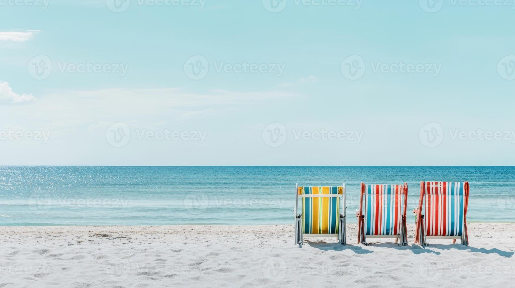 Colorful beach chairs arranged on sandy shore with gentle waves in the background during bright daylight photo