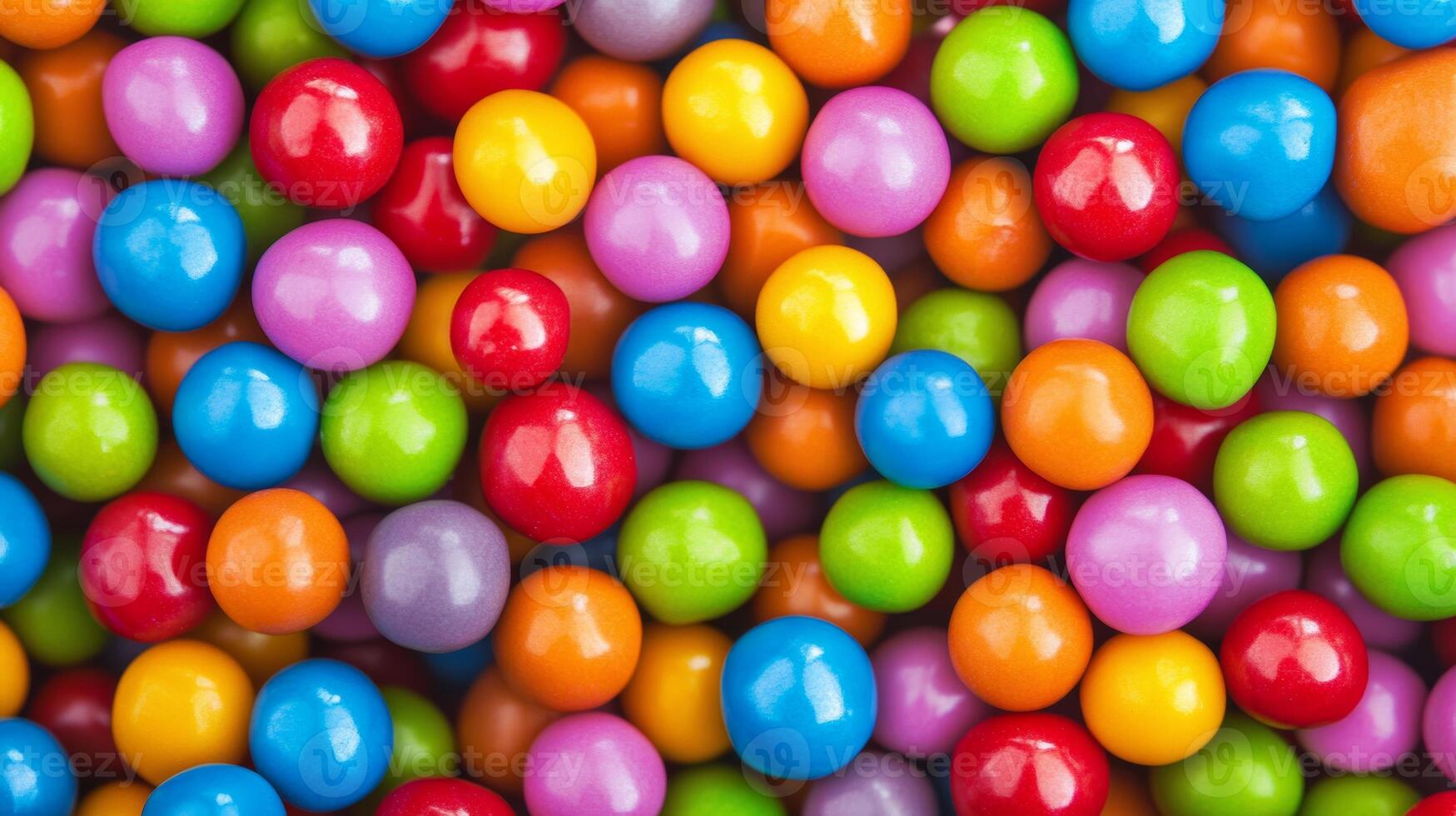 Colorful assortment of round candies in various shades scattered on a flat surface in bright, cheerful display photo