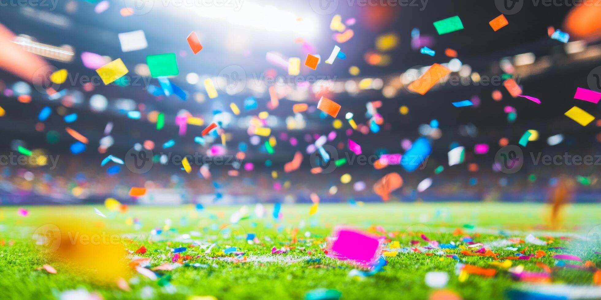 Colorful confetti falling over a vibrant sports field during a celebration in a crowded stadium at dusk photo