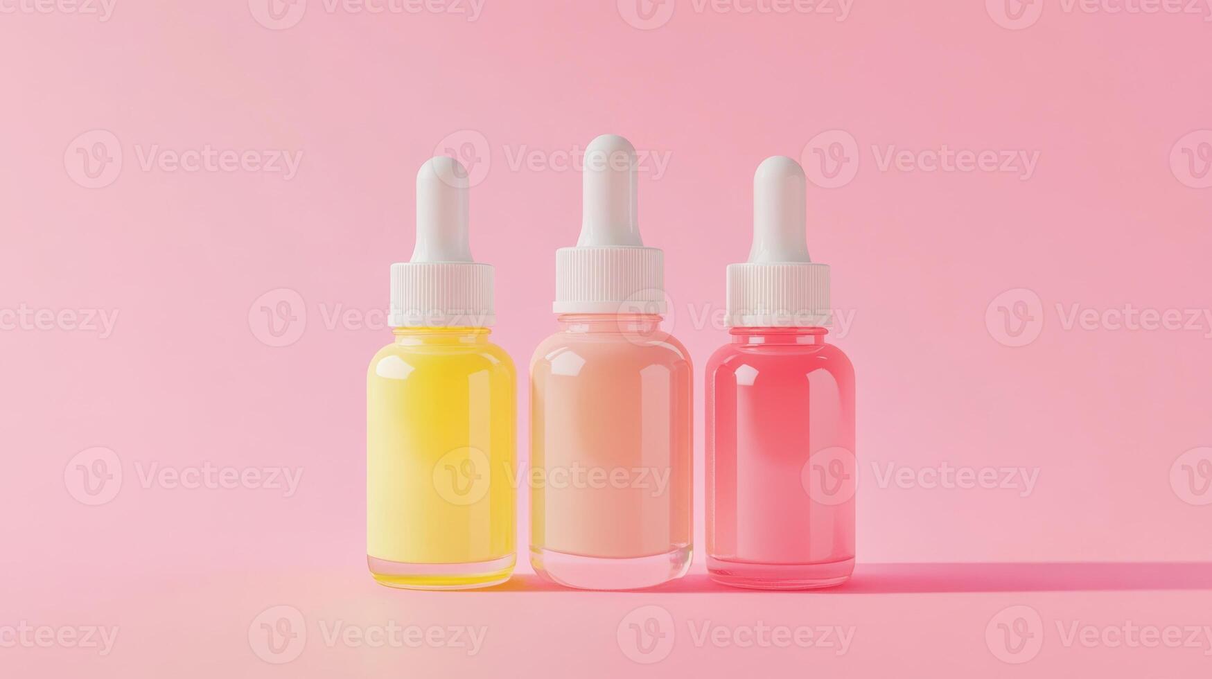 Colorful dropper bottles arranged on a soft pink background creating a vibrant display of skincare products photo