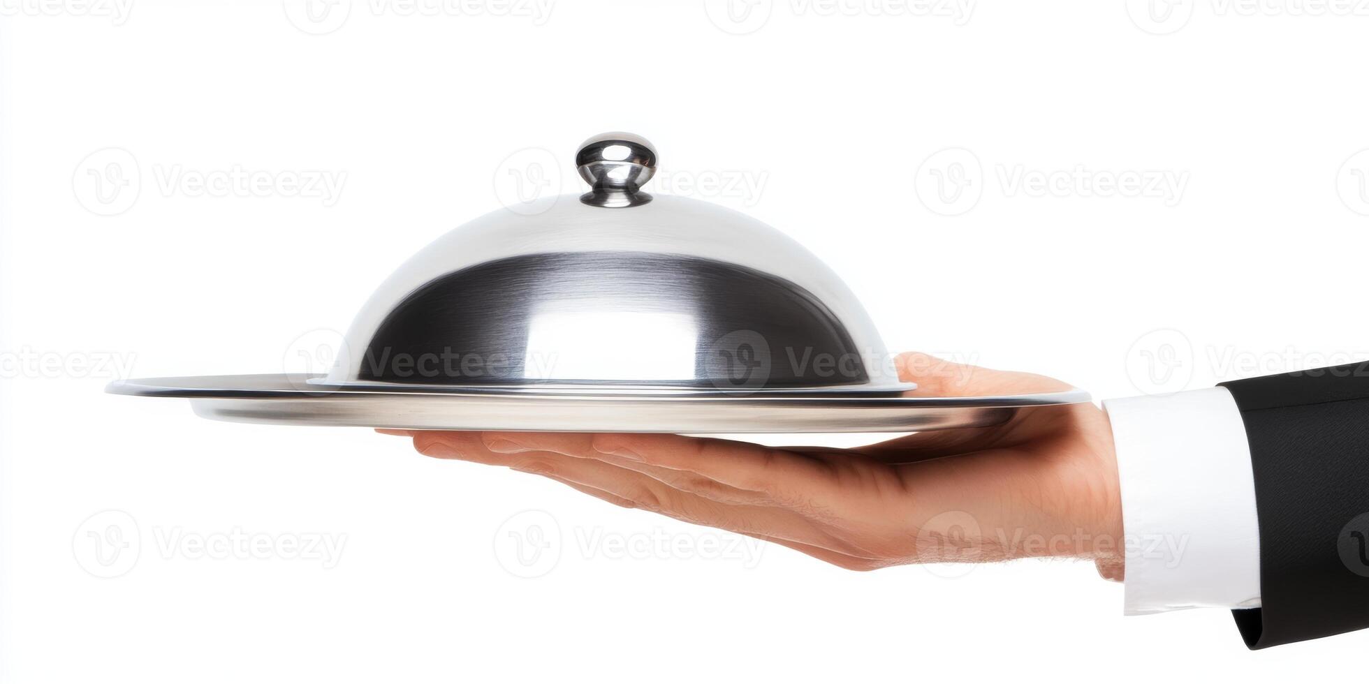 Waiter serves a polished silver platter with a dome cover at a fine dining restaurant during a special event photo